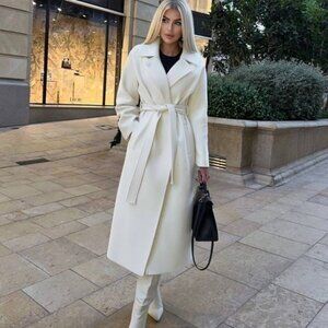NWT White Premium Wool Blend Classic Belted Long Winter Wrap Coat